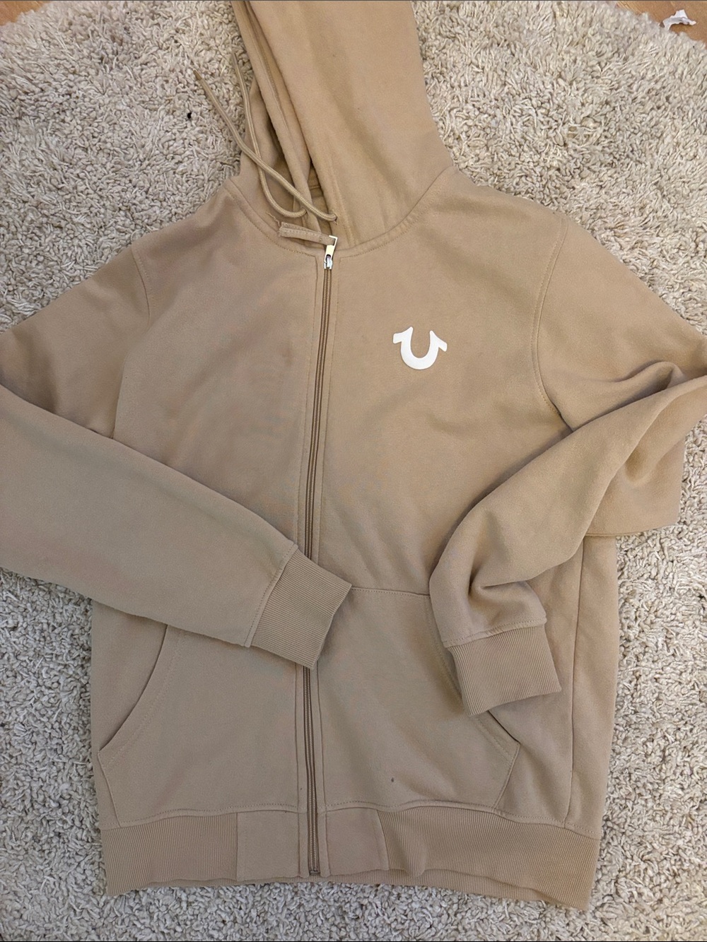True Religion Tan Zip Hoodie with White Horseshoe Logo